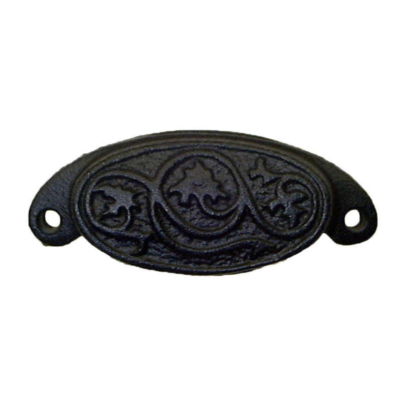 Cast Iron Fan Curved Top Bin Pull with Ridges Old Vintage Style Black 
