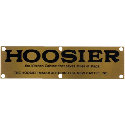 Hoosier Saves Steps Brass Label, brass hoosier label, hoosier label, brand label, cabinet makers label, cabinet label, hoosier cabinet label