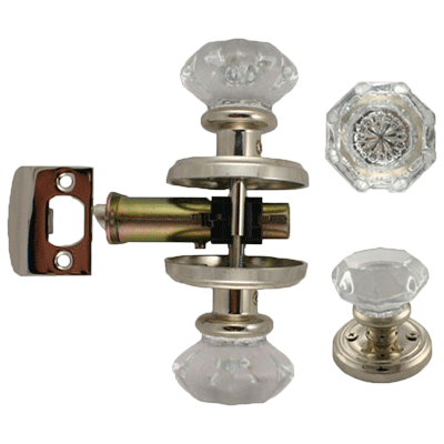 Octagonal Glass Doorknob and Passage Latch Set in Nickel
