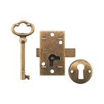 Small Antique Brass Flush Mount Cabinet Door Lock &  Skeleton Key 
