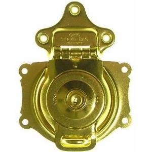 Short brass-plated trunk lock with flush-mount design, front angle
